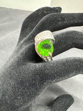 Green Gemstone Silver Tone Ring With Rhinestone Accents Size 7